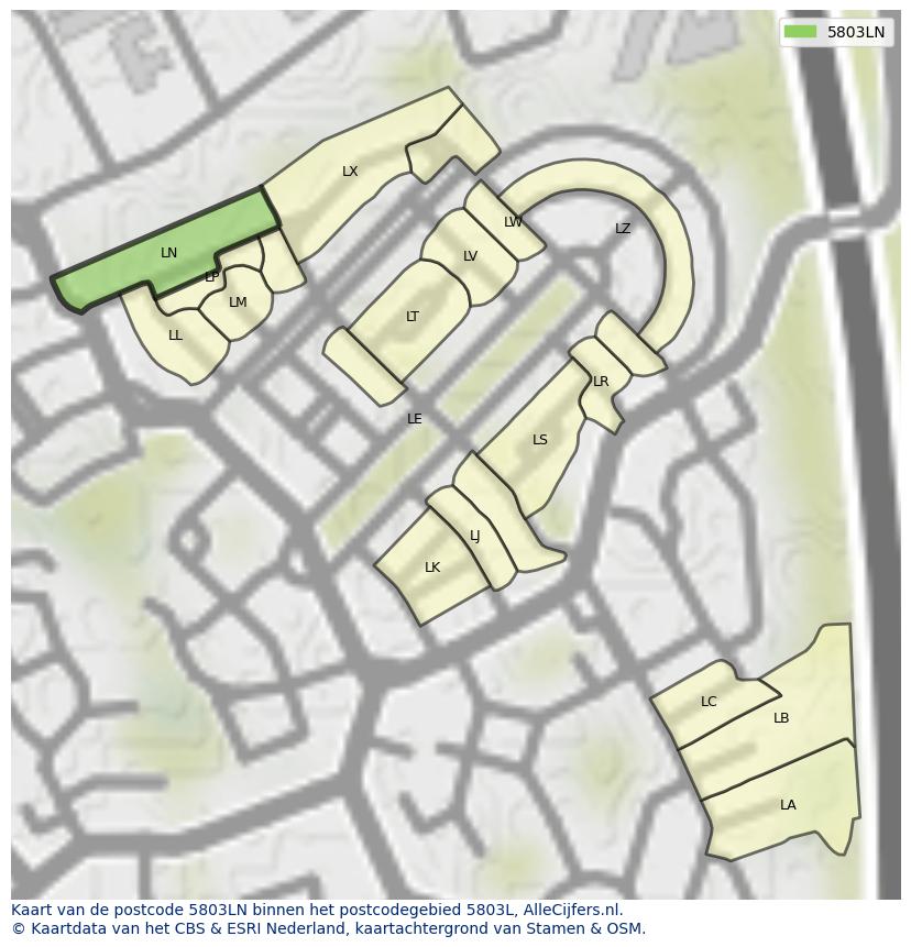 Afbeelding van het postcodegebied 5803 LN op de kaart.