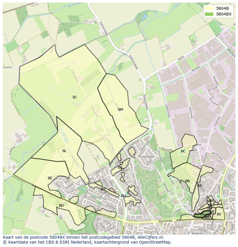 Afbeelding van het postcodegebied 5804 BX op de kaart.