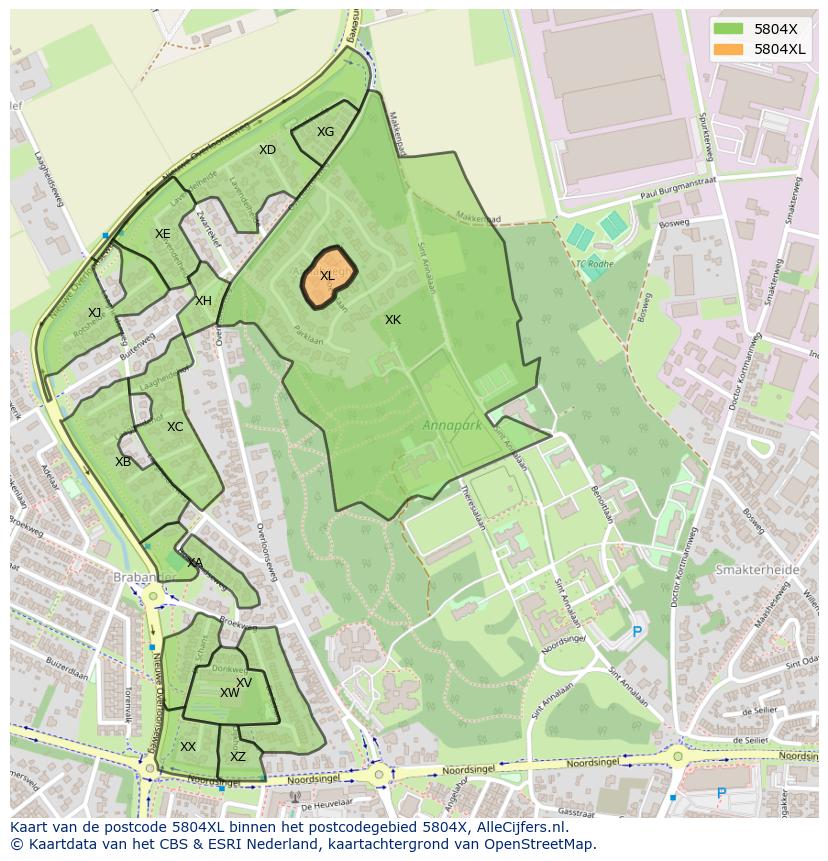 Afbeelding van het postcodegebied 5804 XL op de kaart.