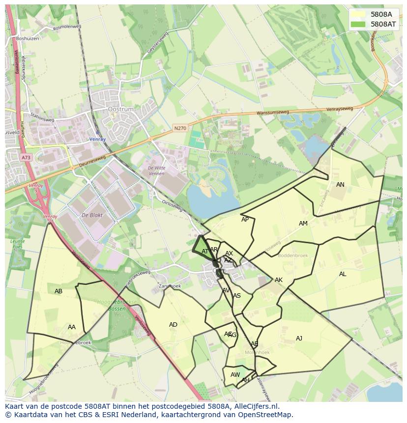 Afbeelding van het postcodegebied 5808 AT op de kaart.