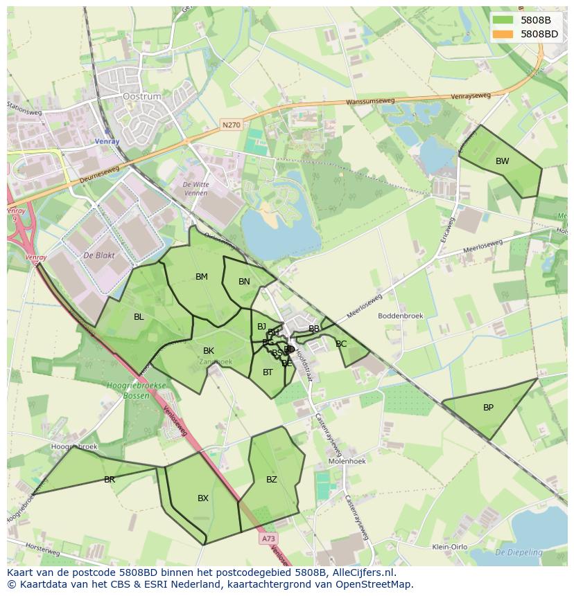 Afbeelding van het postcodegebied 5808 BD op de kaart.