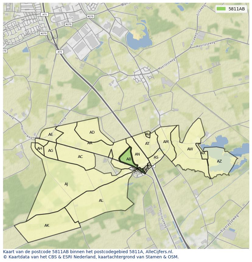 Afbeelding van het postcodegebied 5811 AB op de kaart.