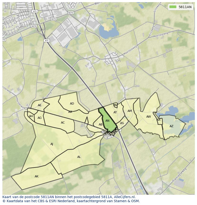 Afbeelding van het postcodegebied 5811 AN op de kaart.