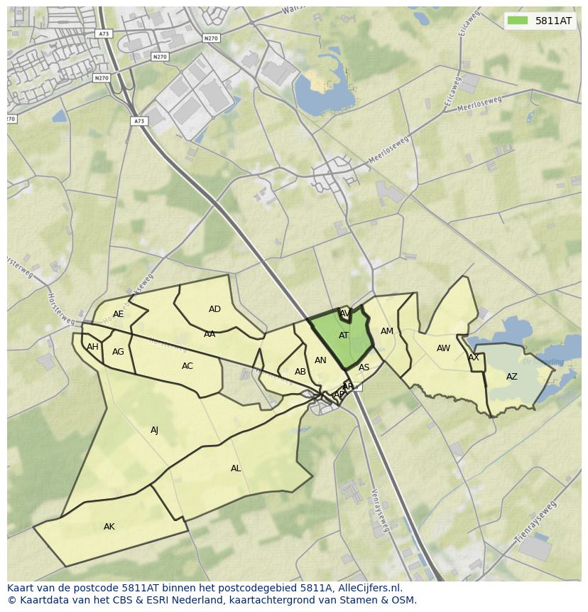 Afbeelding van het postcodegebied 5811 AT op de kaart.