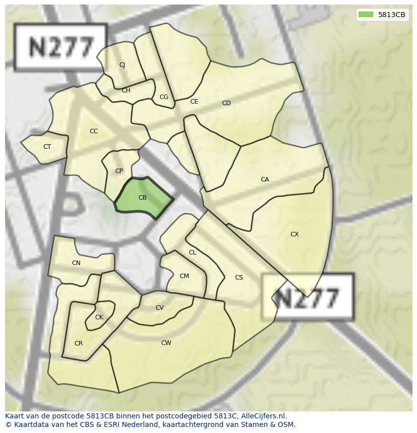Afbeelding van het postcodegebied 5813 CB op de kaart.