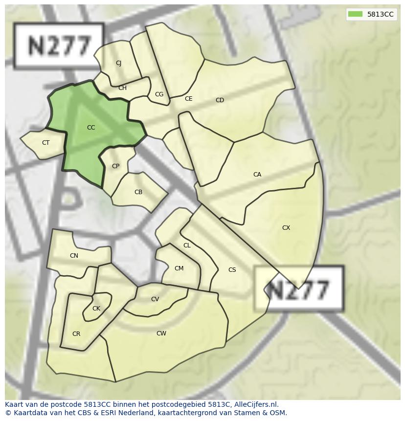 Afbeelding van het postcodegebied 5813 CC op de kaart.