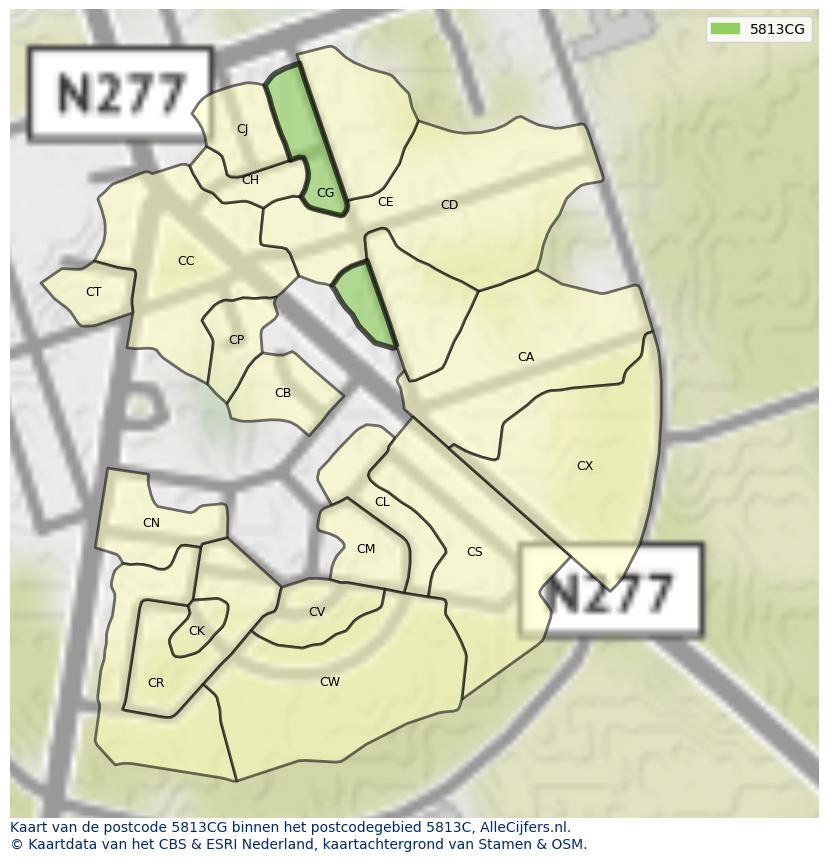 Afbeelding van het postcodegebied 5813 CG op de kaart.