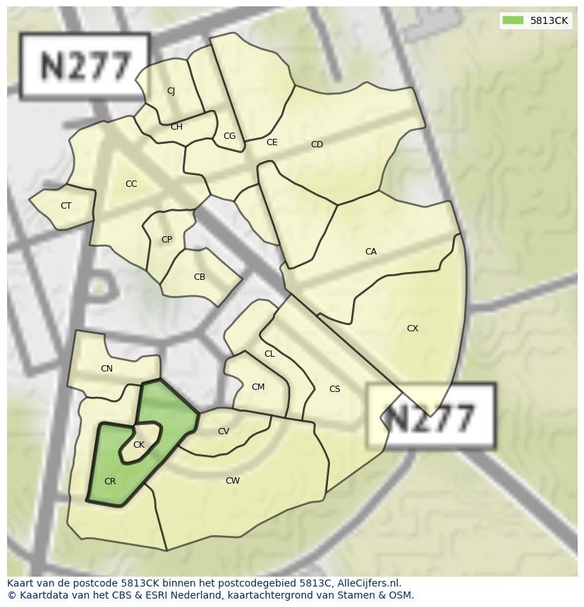 Afbeelding van het postcodegebied 5813 CK op de kaart.