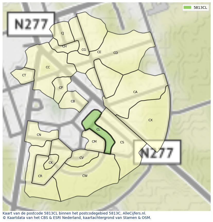 Afbeelding van het postcodegebied 5813 CL op de kaart.