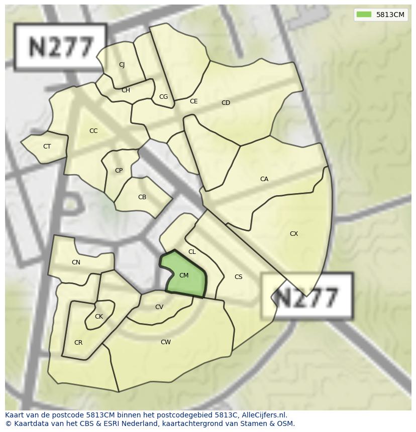 Afbeelding van het postcodegebied 5813 CM op de kaart.