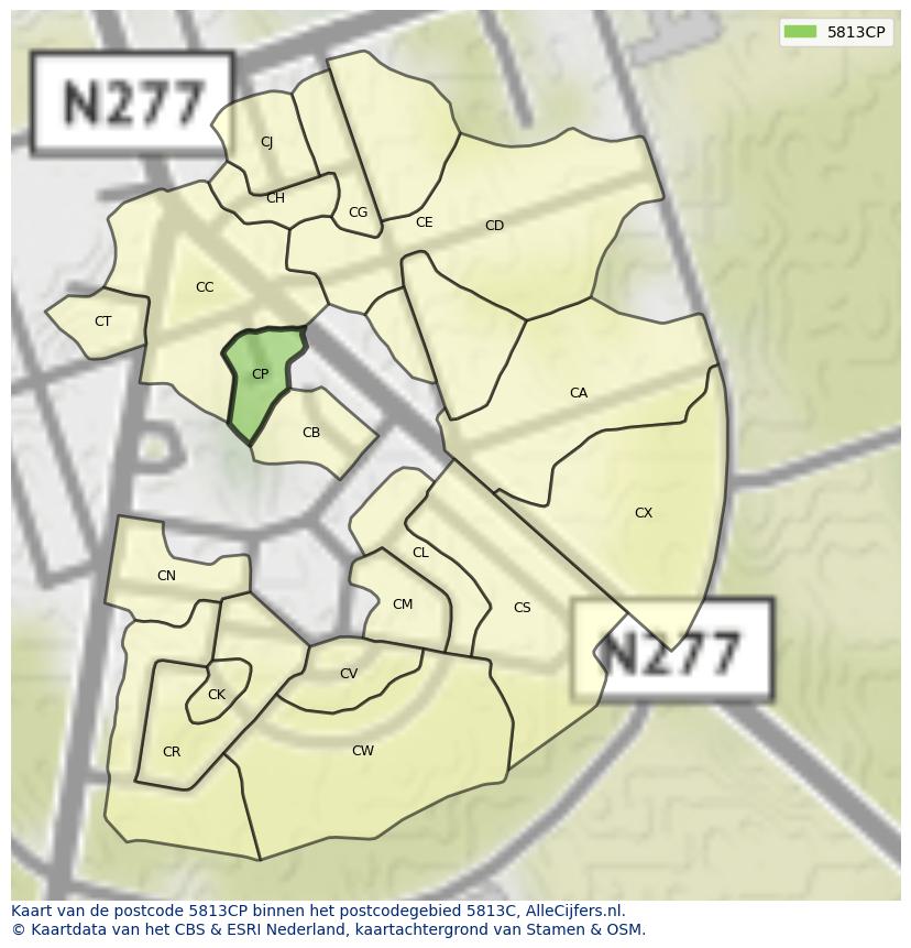 Afbeelding van het postcodegebied 5813 CP op de kaart.