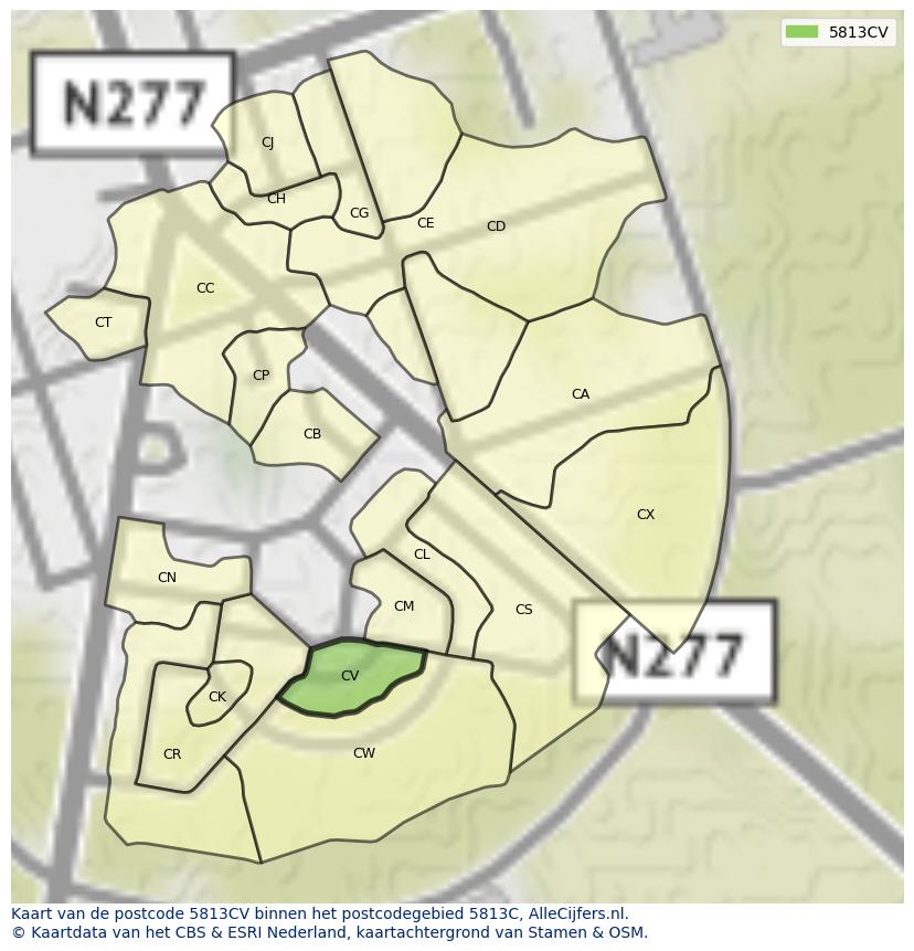 Afbeelding van het postcodegebied 5813 CV op de kaart.