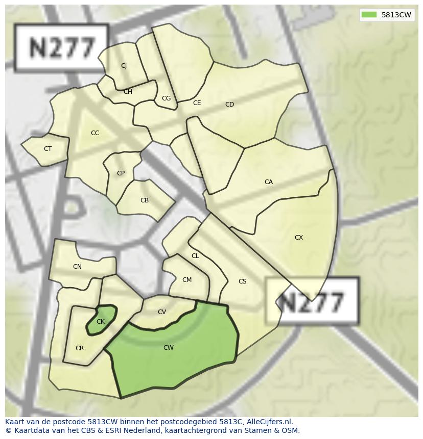 Afbeelding van het postcodegebied 5813 CW op de kaart.