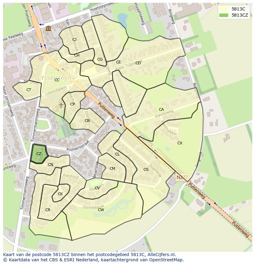 Afbeelding van het postcodegebied 5813 CZ op de kaart.