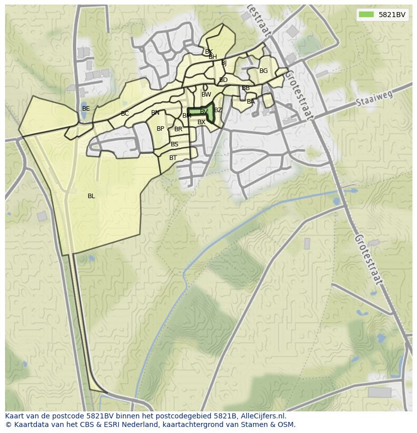 Afbeelding van het postcodegebied 5821 BV op de kaart.
