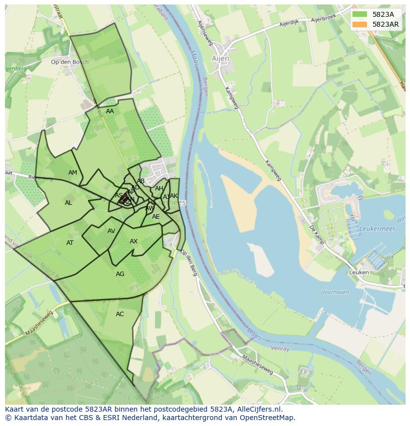 Afbeelding van het postcodegebied 5823 AR op de kaart.