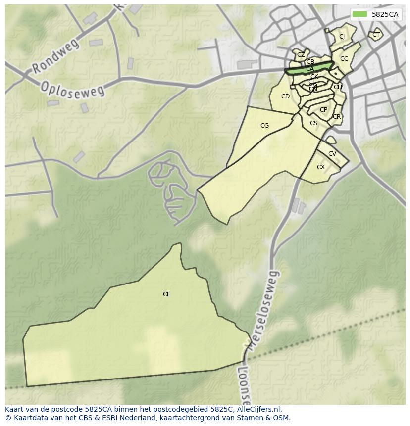Afbeelding van het postcodegebied 5825 CA op de kaart.