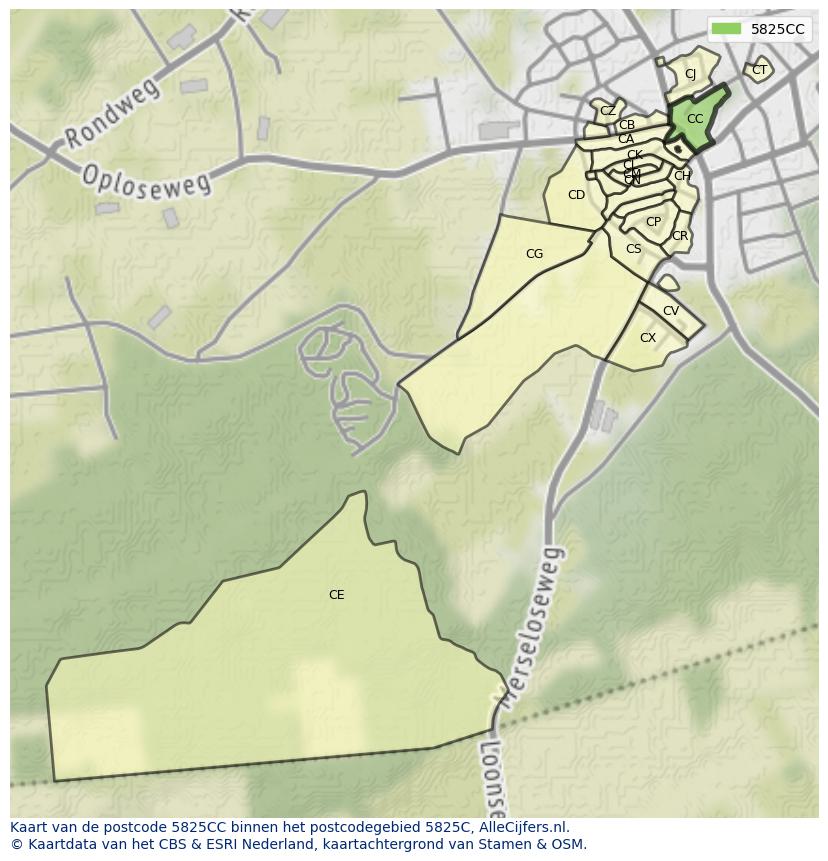 Afbeelding van het postcodegebied 5825 CC op de kaart.