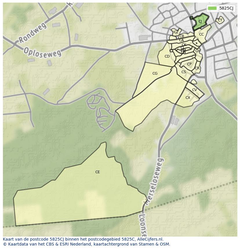 Afbeelding van het postcodegebied 5825 CJ op de kaart.