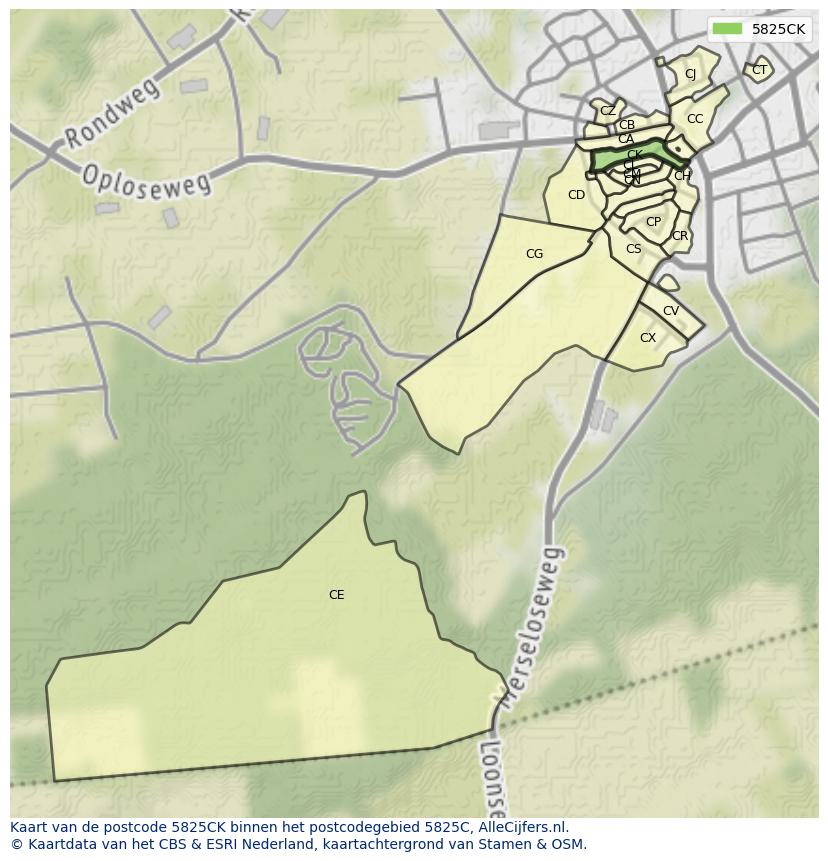 Afbeelding van het postcodegebied 5825 CK op de kaart.