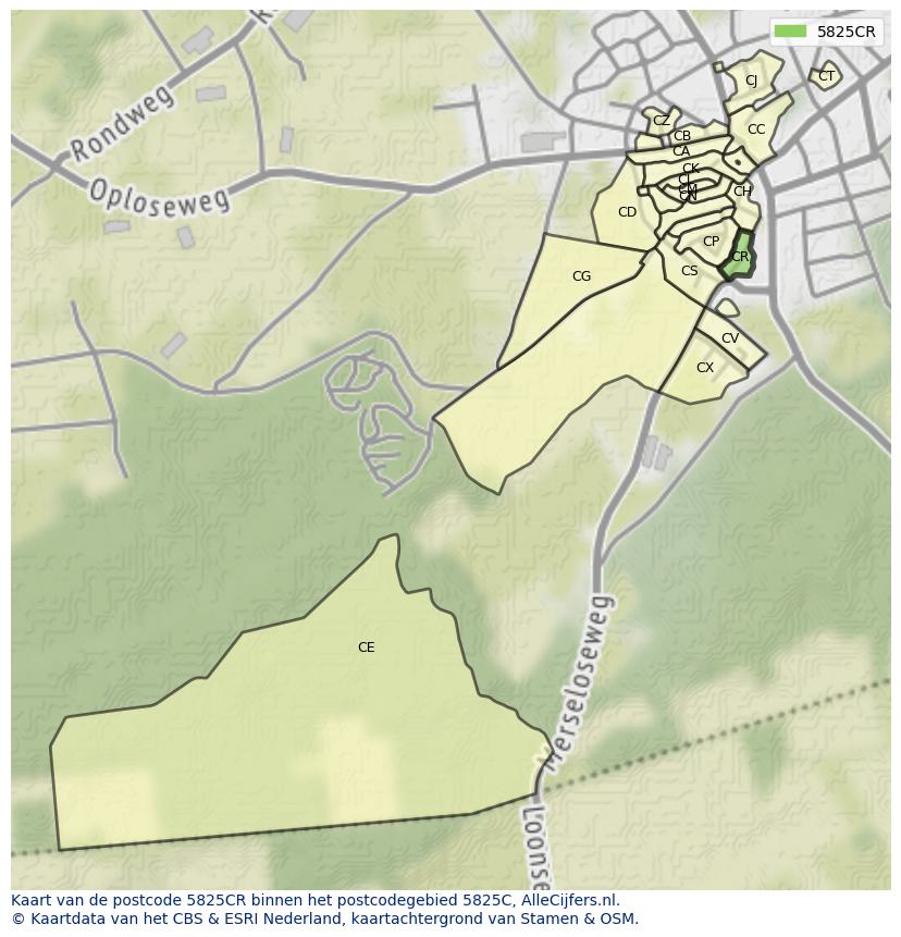 Afbeelding van het postcodegebied 5825 CR op de kaart.