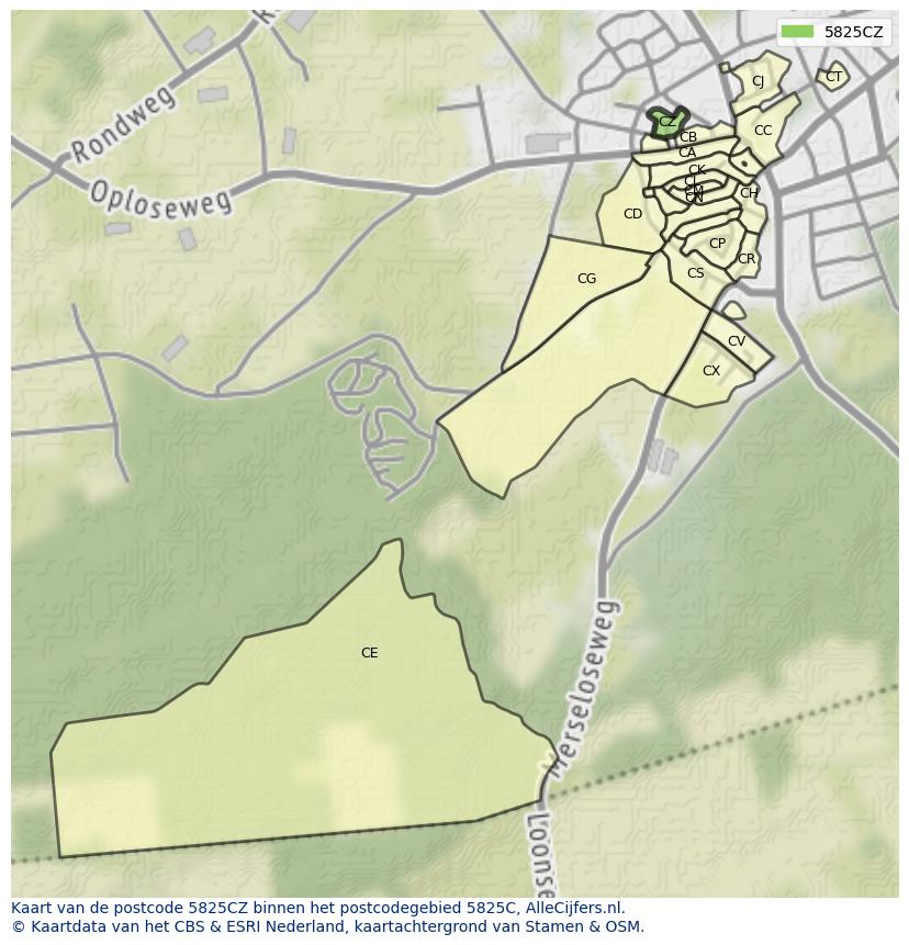 Afbeelding van het postcodegebied 5825 CZ op de kaart.