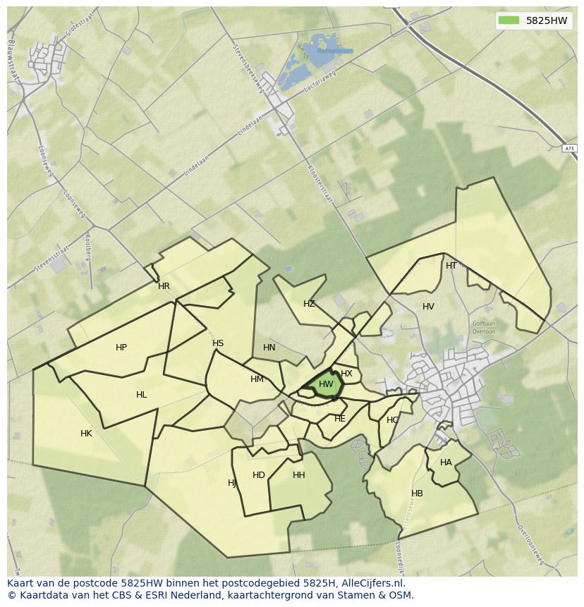 Afbeelding van het postcodegebied 5825 HW op de kaart.