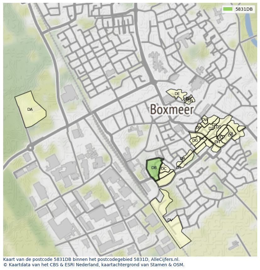 Afbeelding van het postcodegebied 5831 DB op de kaart.