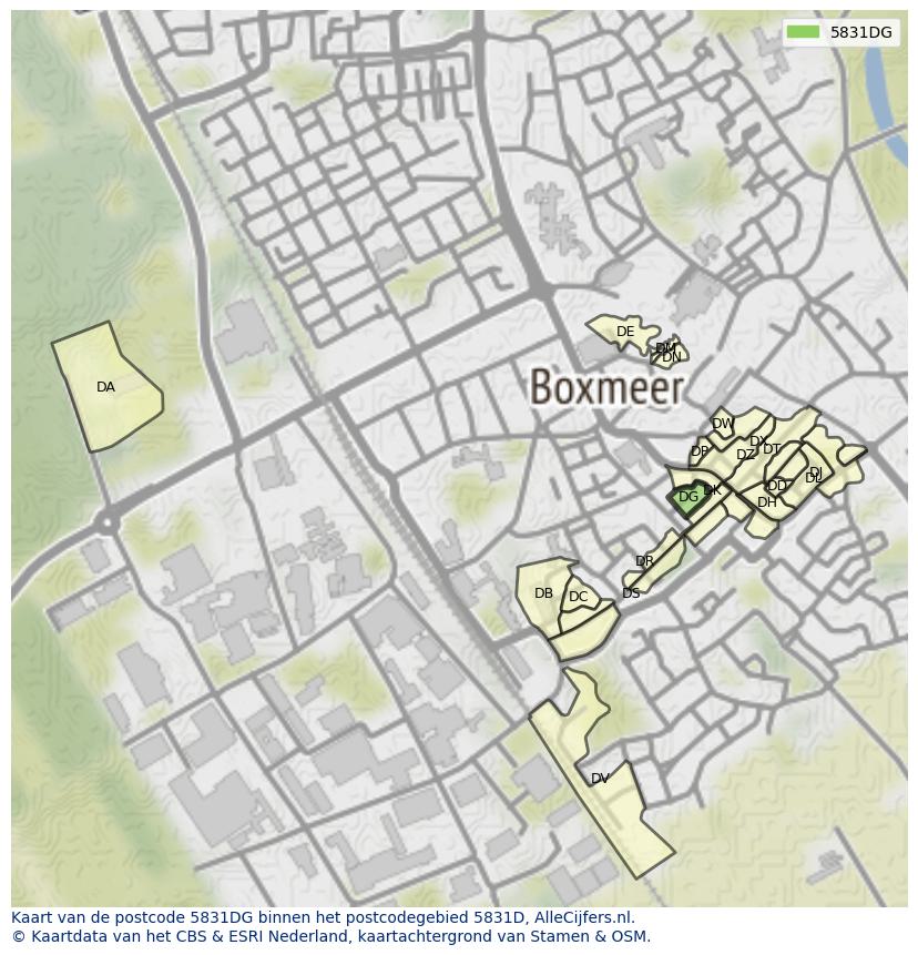 Afbeelding van het postcodegebied 5831 DG op de kaart.