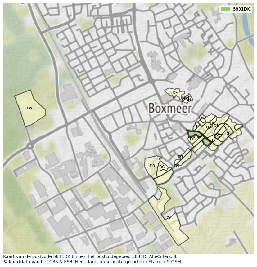 Afbeelding van het postcodegebied 5831 DK op de kaart.
