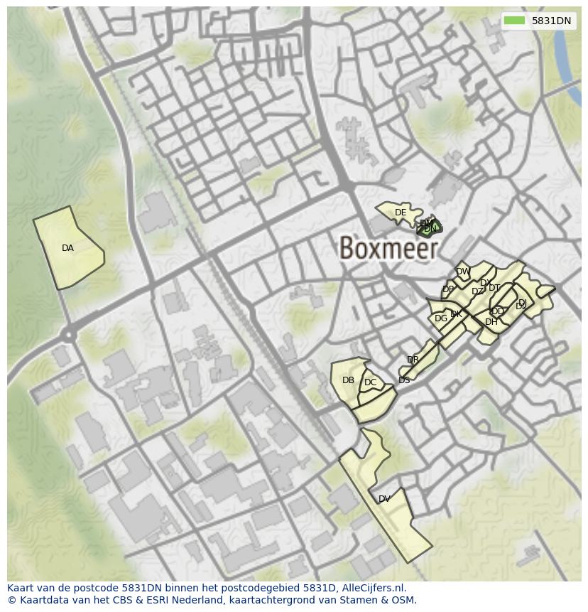 Afbeelding van het postcodegebied 5831 DN op de kaart.