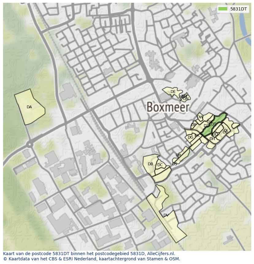 Afbeelding van het postcodegebied 5831 DT op de kaart.