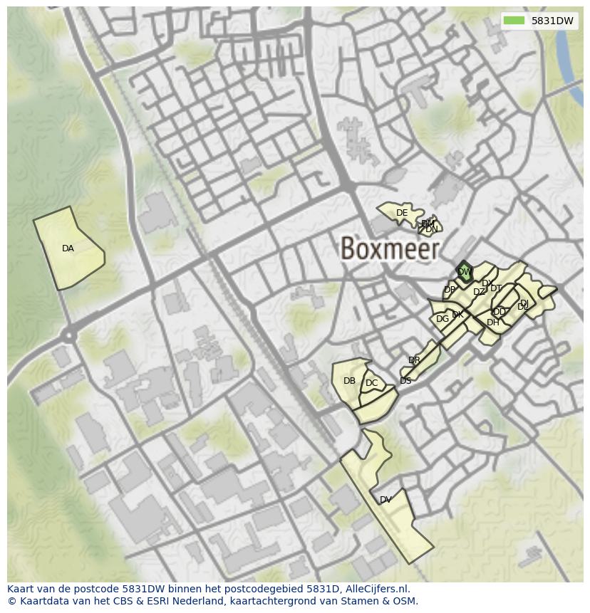 Afbeelding van het postcodegebied 5831 DW op de kaart.