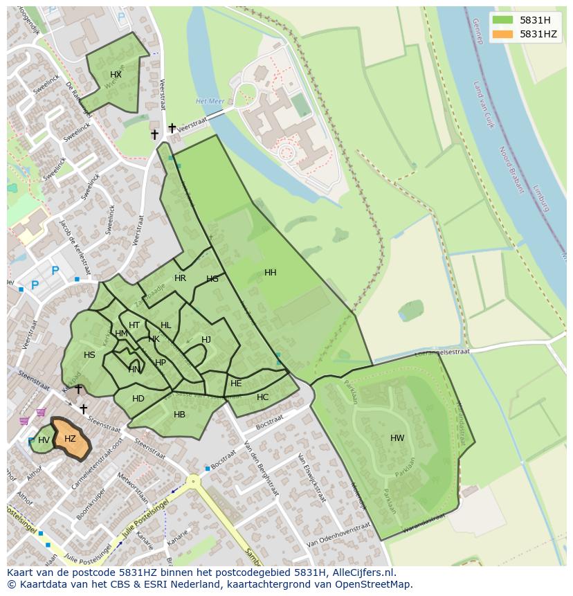 Afbeelding van het postcodegebied 5831 HZ op de kaart.