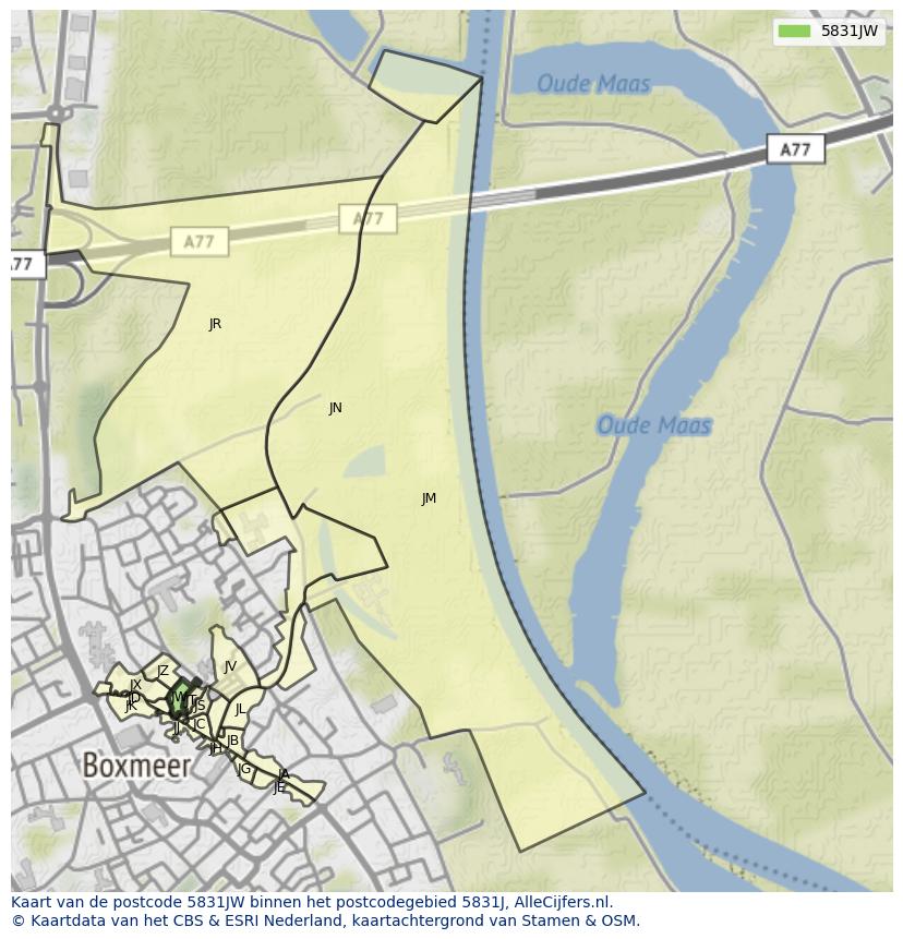 Afbeelding van het postcodegebied 5831 JW op de kaart.