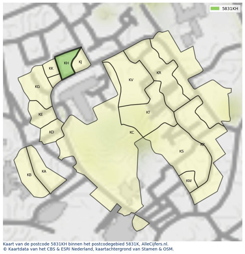Afbeelding van het postcodegebied 5831 KH op de kaart.