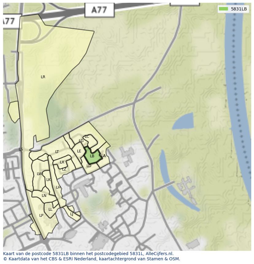 Afbeelding van het postcodegebied 5831 LB op de kaart.