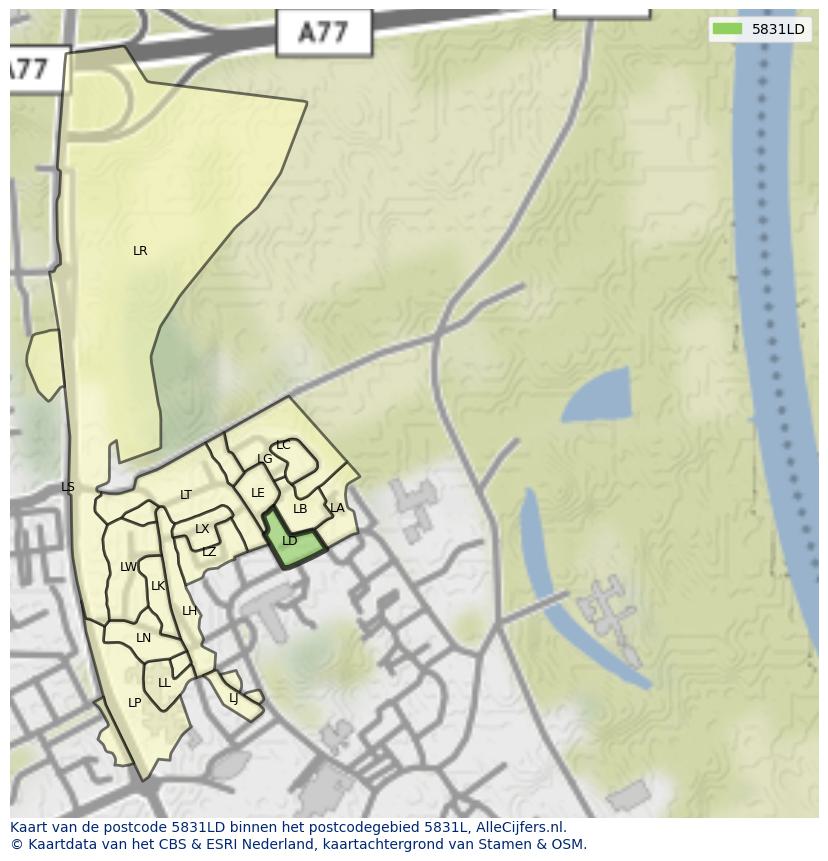 Afbeelding van het postcodegebied 5831 LD op de kaart.