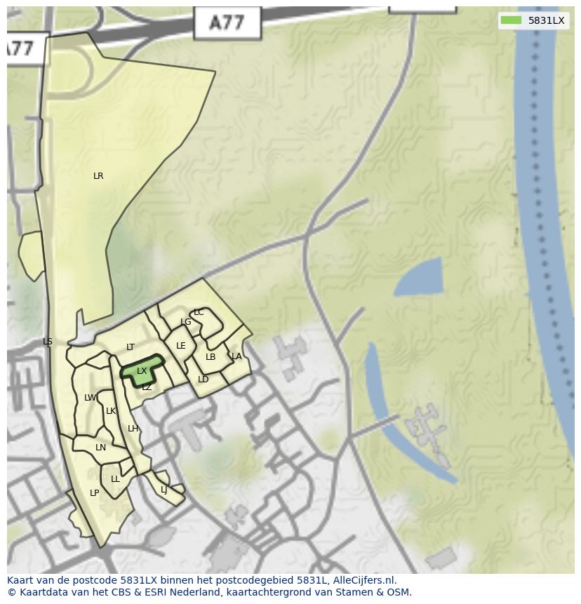 Afbeelding van het postcodegebied 5831 LX op de kaart.
