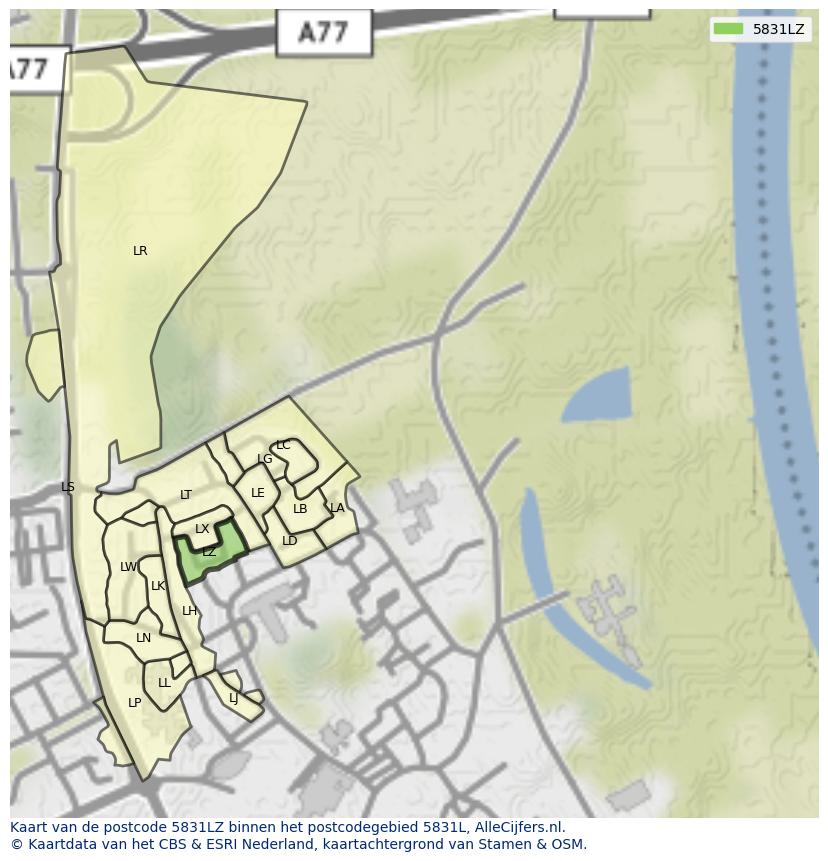 Afbeelding van het postcodegebied 5831 LZ op de kaart.