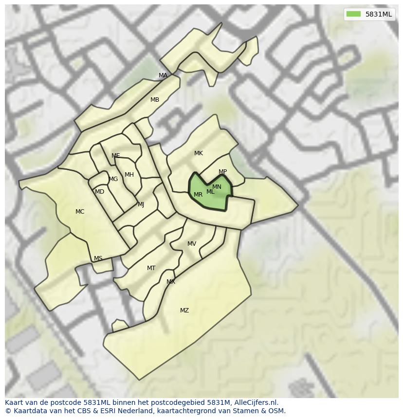 Afbeelding van het postcodegebied 5831 ML op de kaart.