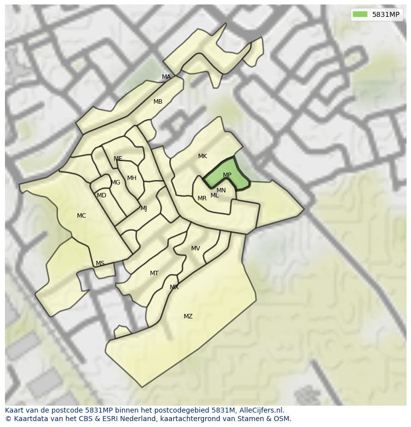 Afbeelding van het postcodegebied 5831 MP op de kaart.