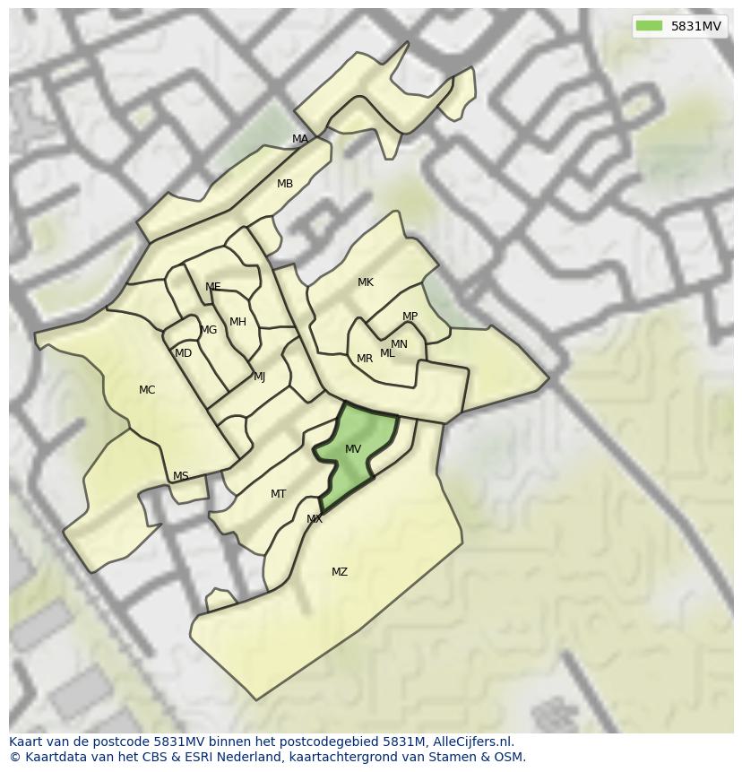 Afbeelding van het postcodegebied 5831 MV op de kaart.