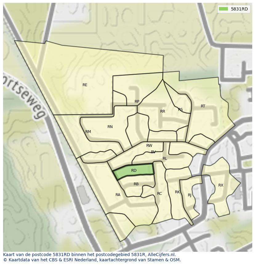 Afbeelding van het postcodegebied 5831 RD op de kaart.
