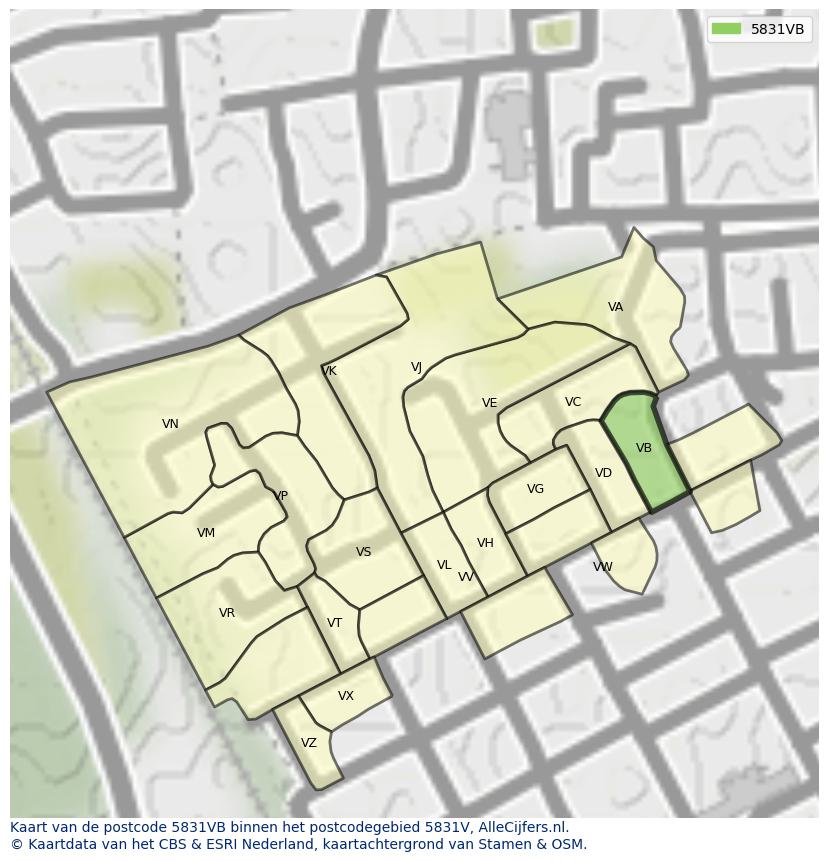 Afbeelding van het postcodegebied 5831 VB op de kaart.