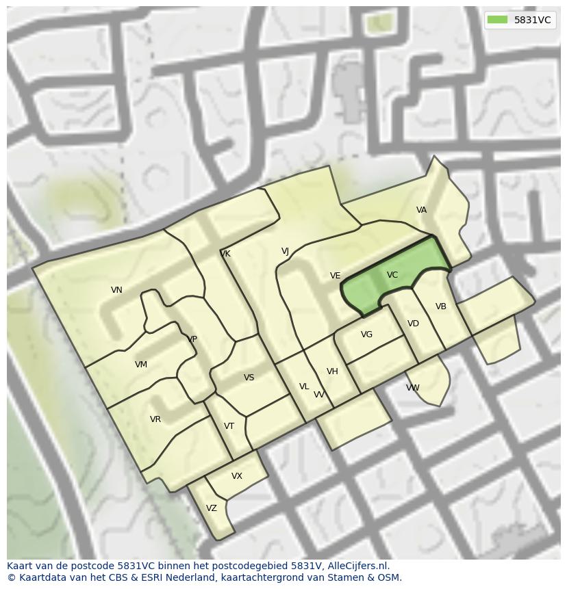 Afbeelding van het postcodegebied 5831 VC op de kaart.