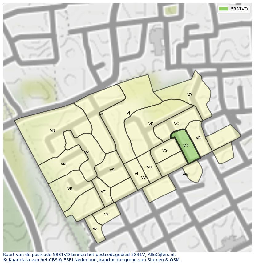 Afbeelding van het postcodegebied 5831 VD op de kaart.