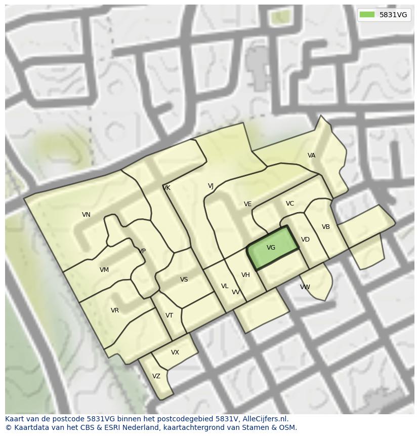 Afbeelding van het postcodegebied 5831 VG op de kaart.