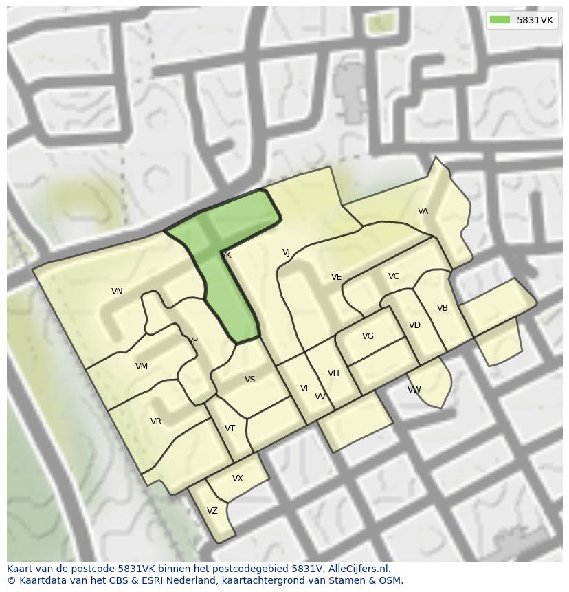 Afbeelding van het postcodegebied 5831 VK op de kaart.