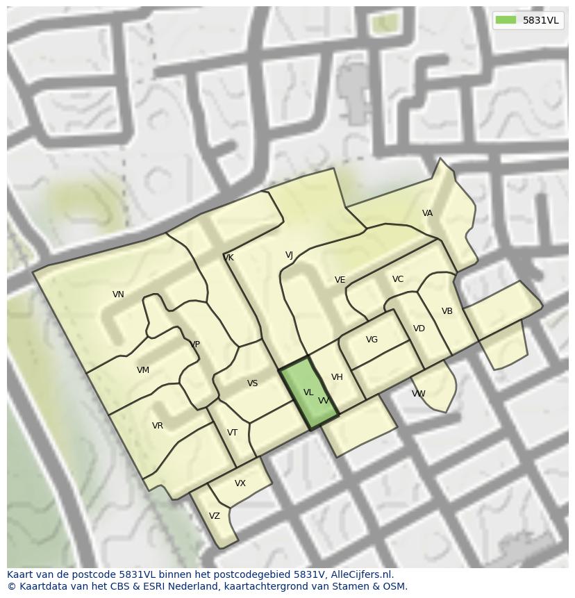 Afbeelding van het postcodegebied 5831 VL op de kaart.